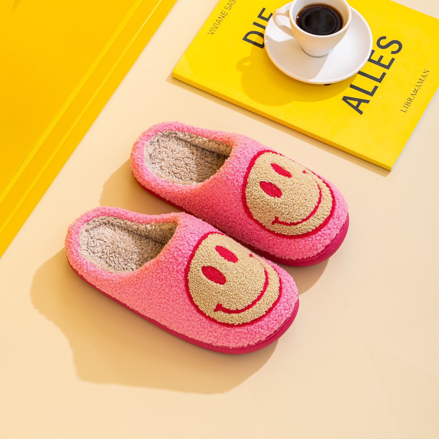 Hot Pink & Yellow Smiley Face Slippers