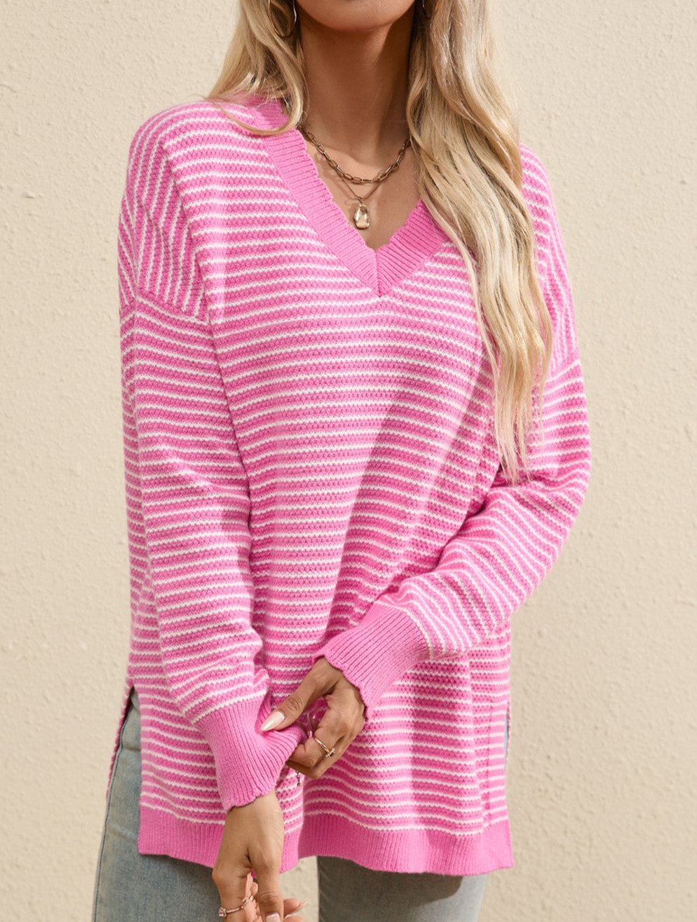 Pink Striped V-Neck Long Sleeve Top