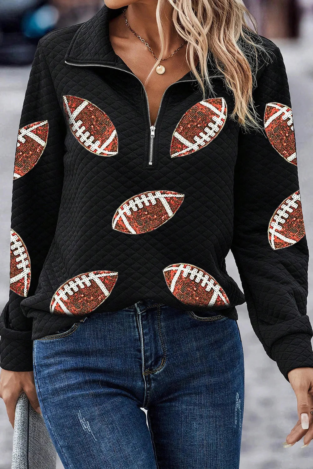 Sequin Football Sweatshirt in Black