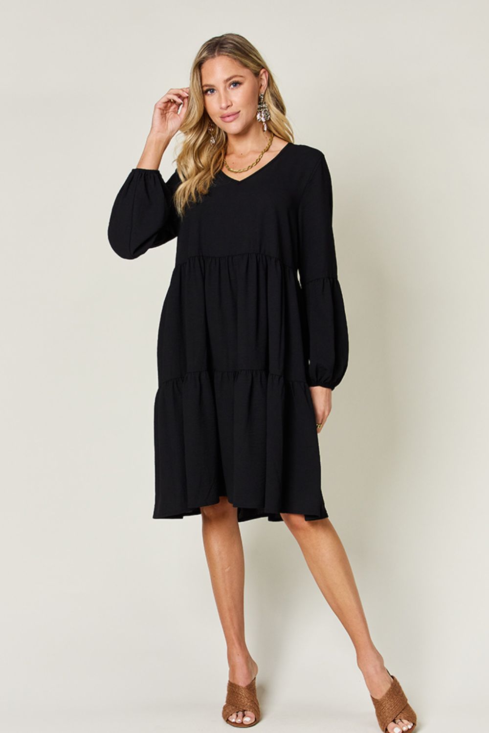 V-Neck Balloon Sleeve Dress