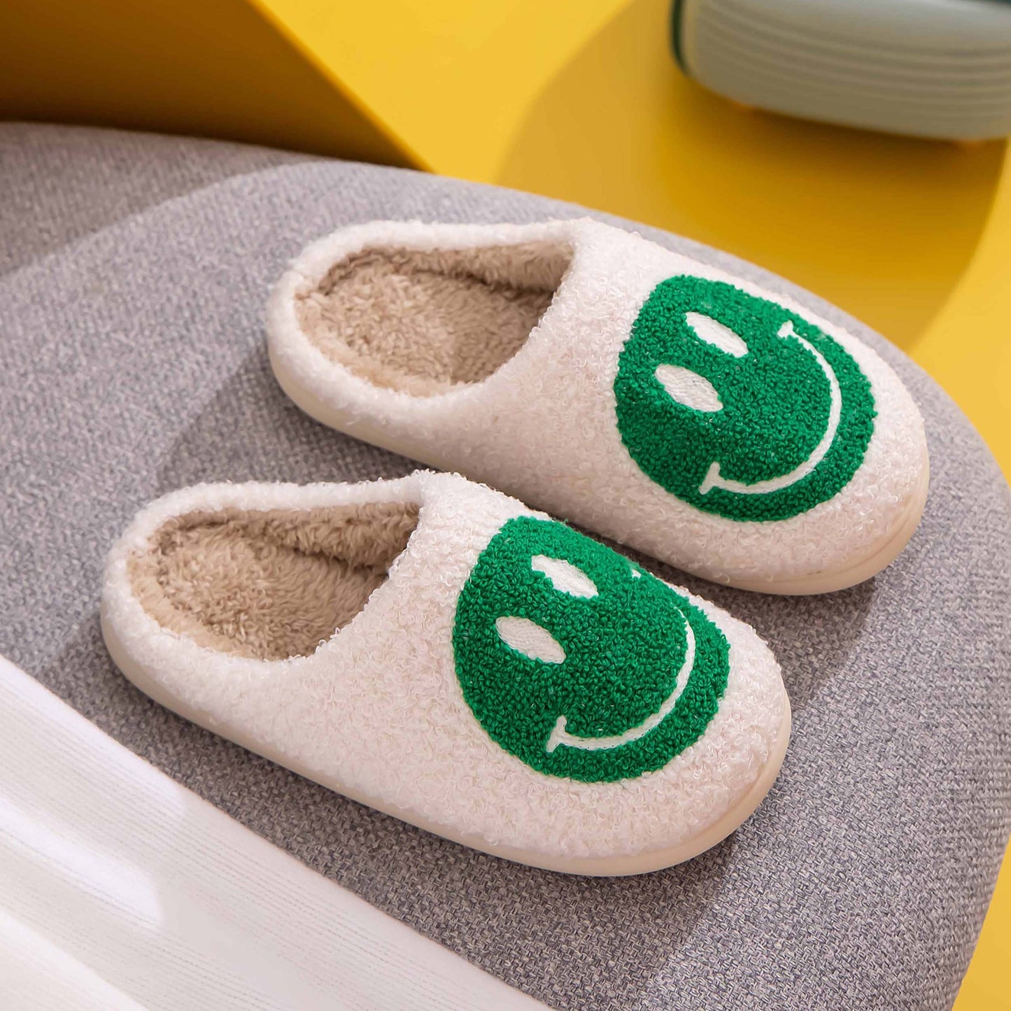 White & Green Smiley Face Slippers