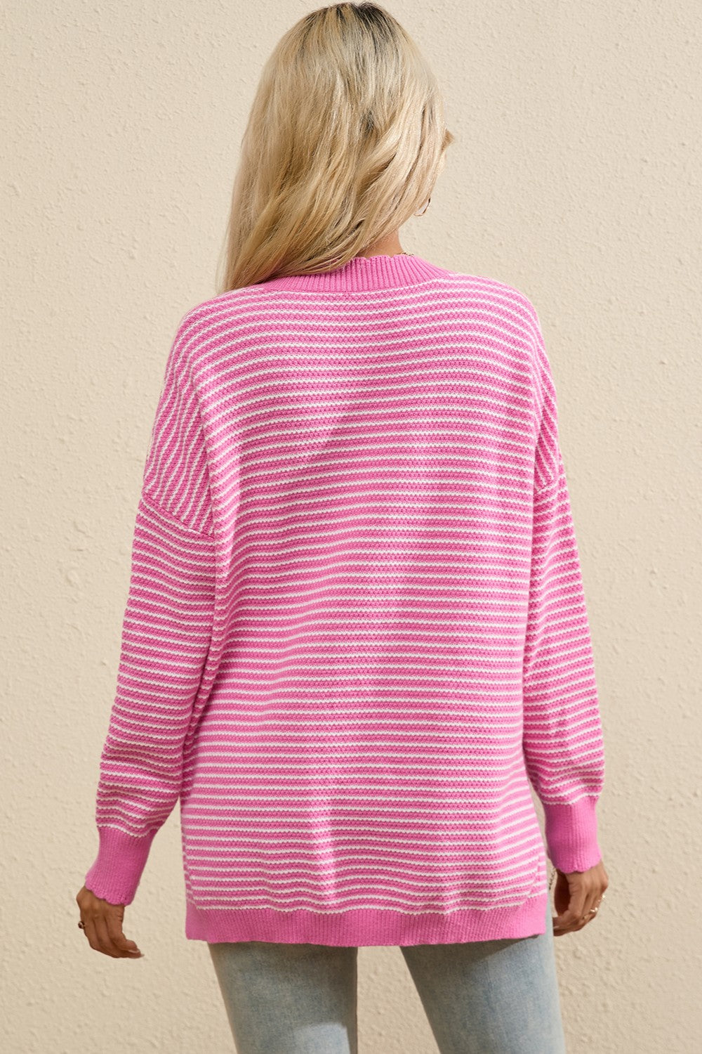 Pink Striped V-Neck Long Sleeve Top